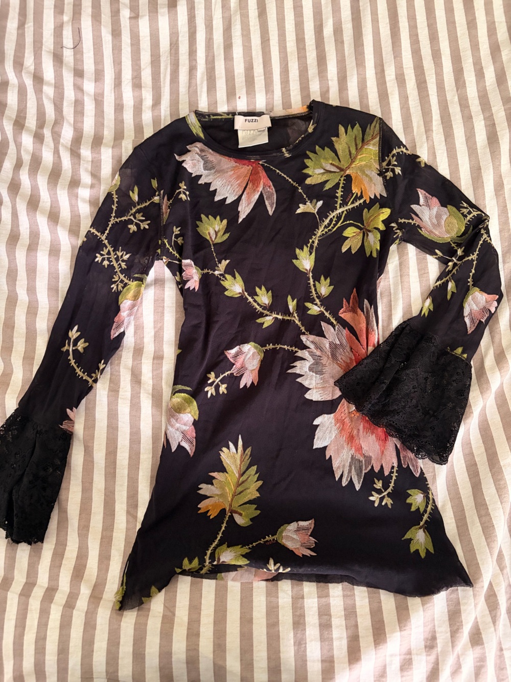 Fuzzi Black Floral Lace-Trim Long Sleeve Chemise